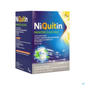 NIQUITIN MENTHE GLACIALE 4 mg SANS SUCRE, gomme à mâcher médicamenteuse édulcorée au sorbitol et au xylitol