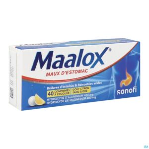 MAALOX MAUX D'ESTOMAC HYDROXYDE D'ALUMINIUM/HYDROXYDE DE MAGNESIUM 400 mg/400 mg SANS SUCRE, comprimé à croquer édulcoré à la saccharine sodique, au sorbitol et au maltitol